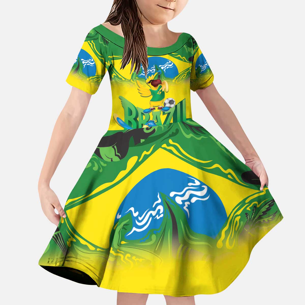 Brazil Football Custom Kid Short Sleeve Dress Brasil Birds Mascot Bora Brasil!