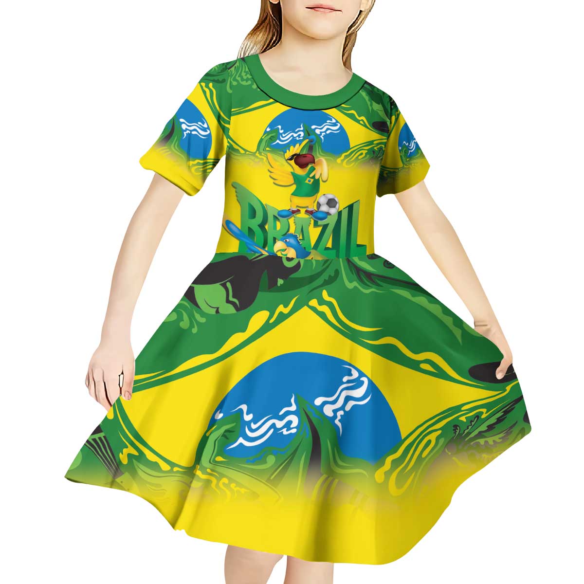 Brazil Football Custom Kid Short Sleeve Dress Brasil Birds Mascot Bora Brasil!