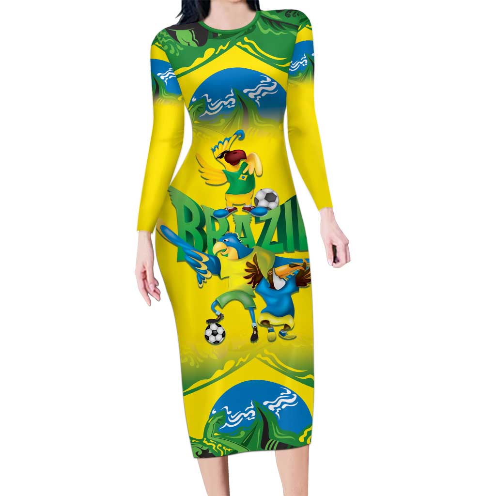 Brazil Football Custom Long Sleeve Bodycon Dress Brasil Birds Mascot Bora Brasil!