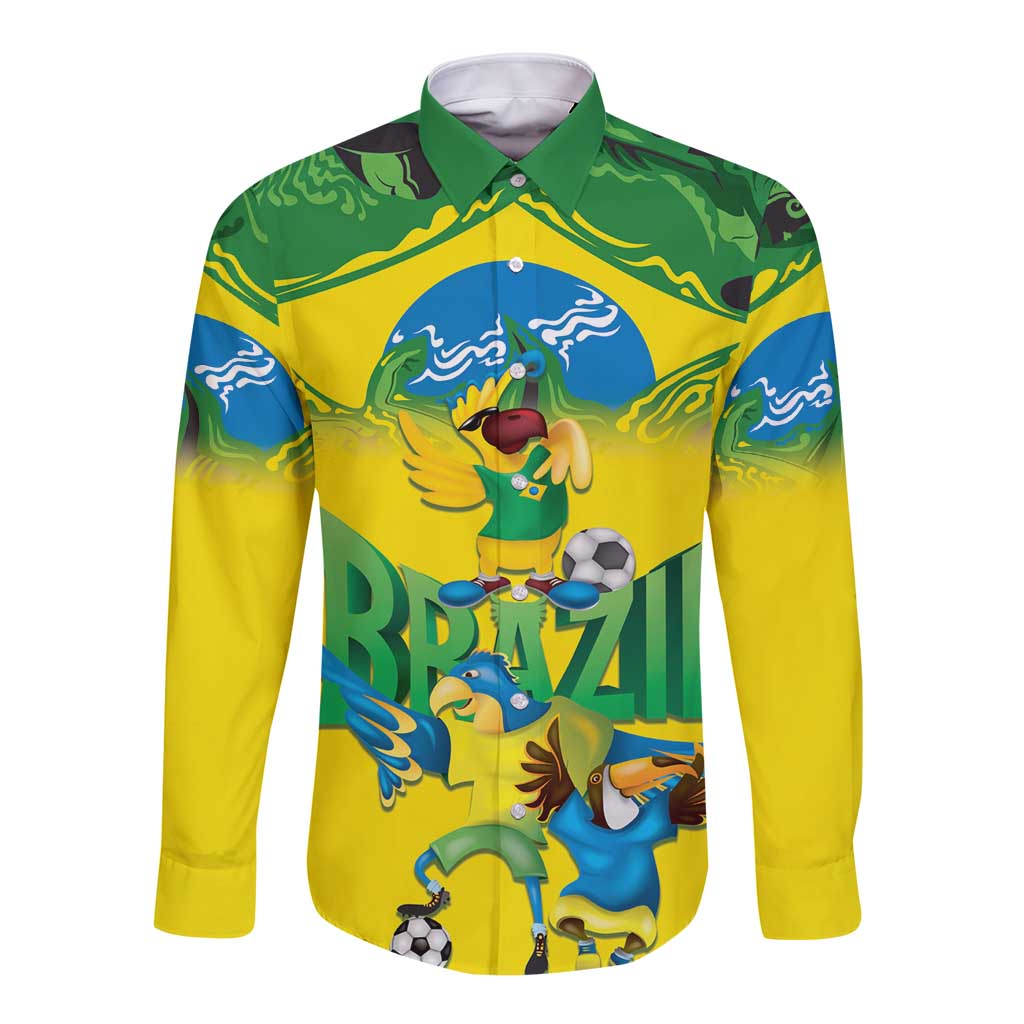 Brazil Football Custom Long Sleeve Button Shirt Brasil Birds Mascot Bora Brasil!