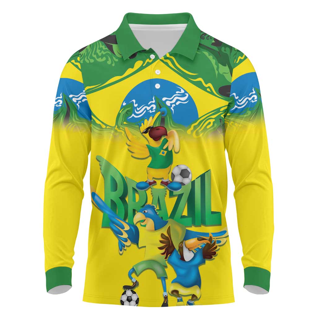 Brazil Football Custom Long Sleeve Polo Shirt Brasil Birds Mascot Bora Brasil!