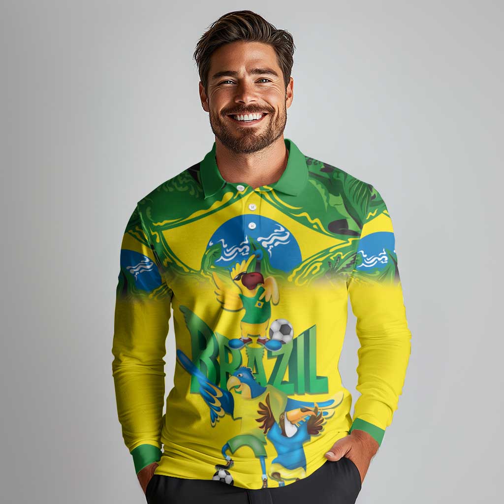 Brazil Football Custom Long Sleeve Polo Shirt Brasil Birds Mascot Bora Brasil!