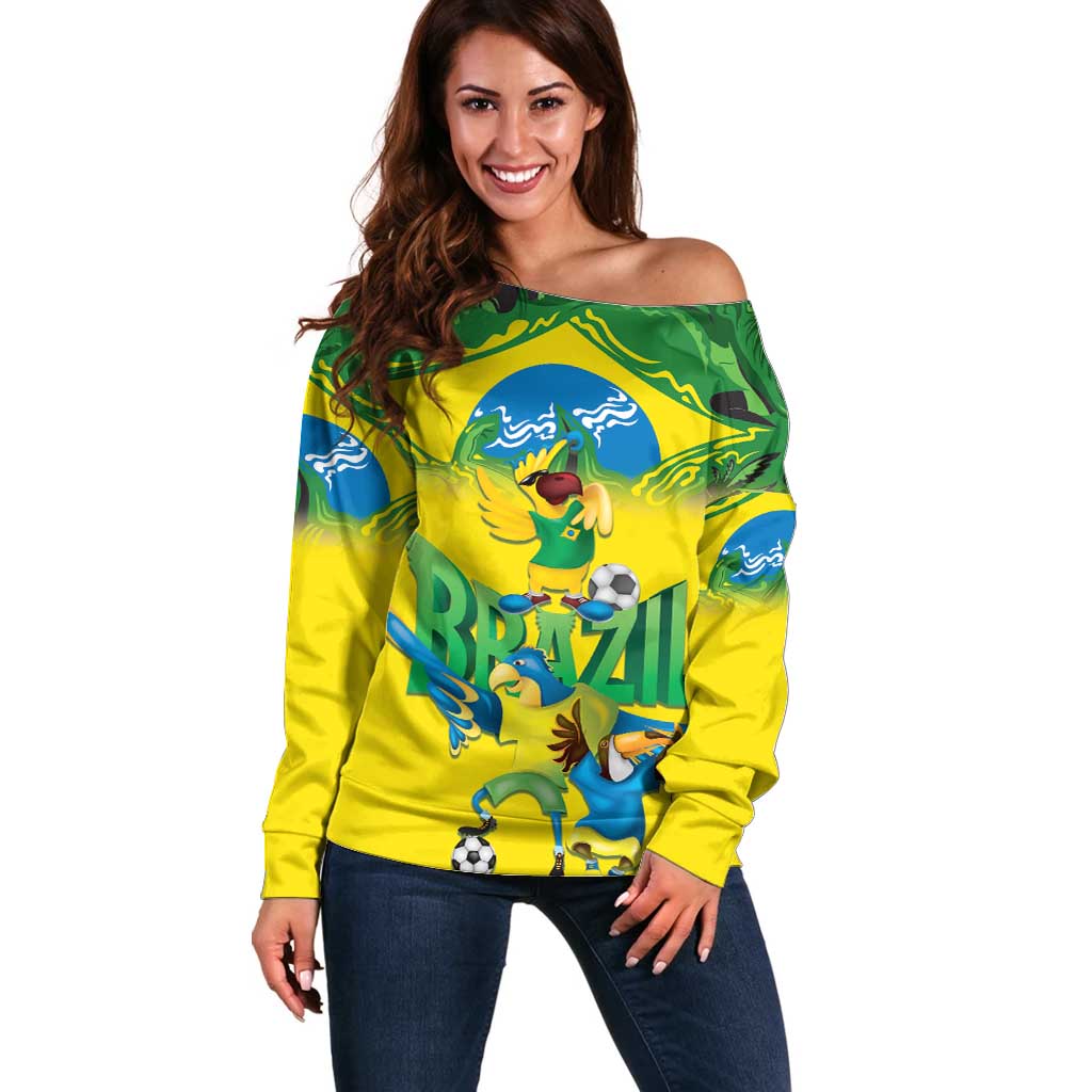Brazil Football Custom Off Shoulder Sweater Brasil Birds Mascot Bora Brasil!