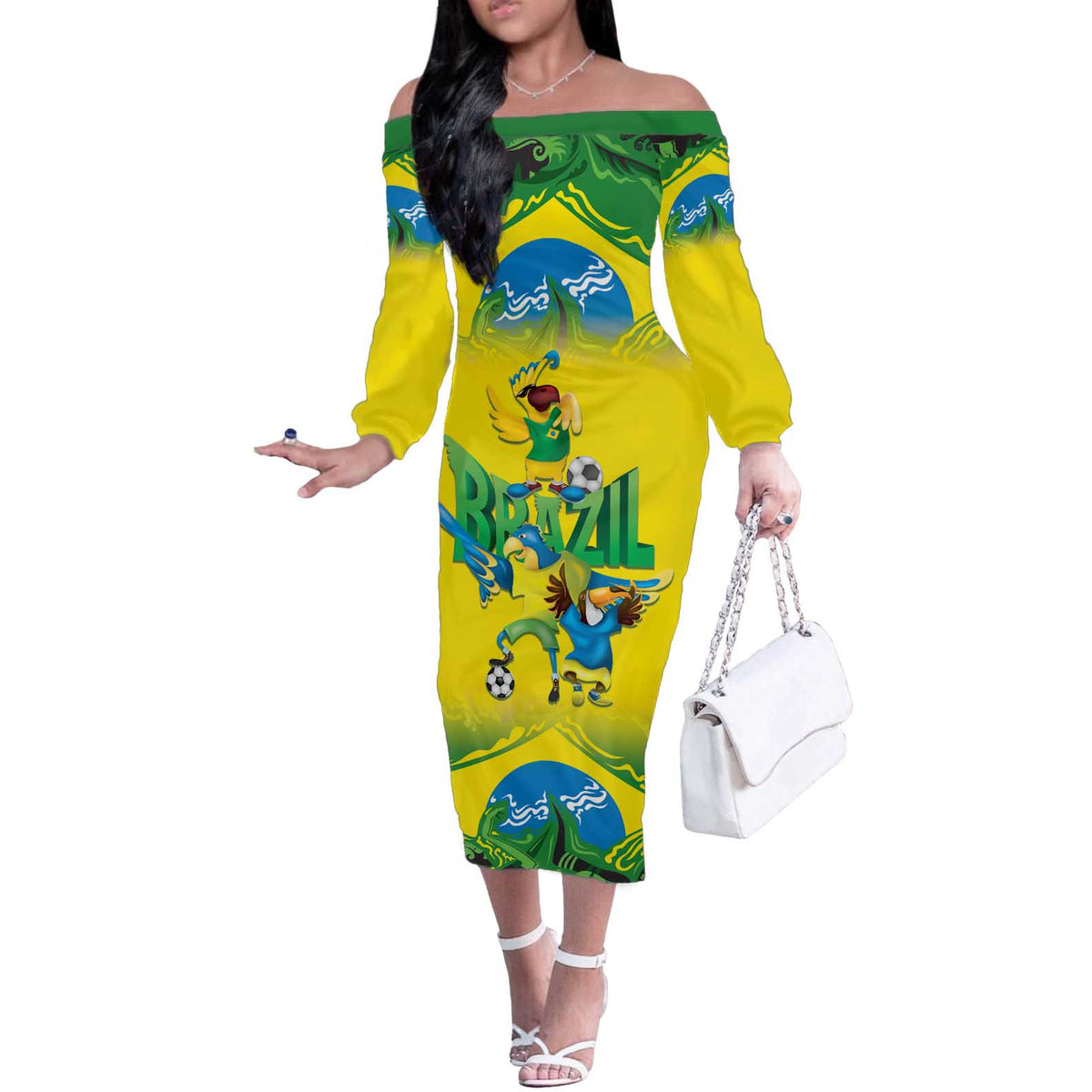 Brazil Football Custom Off The Shoulder Long Sleeve Dress Brasil Birds Mascot Bora Brasil!