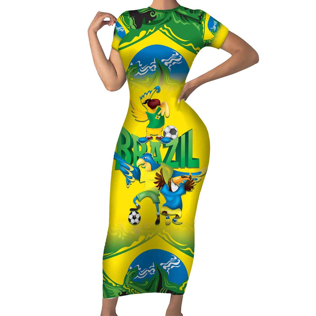 Brazil Football Custom Short Sleeve Bodycon Dress Brasil Birds Mascot Bora Brasil!