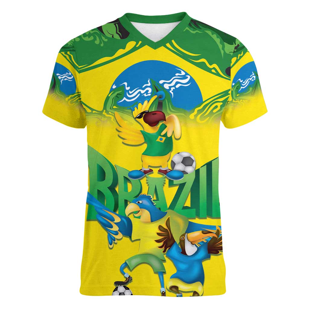 Brazil Football Custom Women V-Neck T-Shirt Brasil Birds Mascot Bora Brasil!