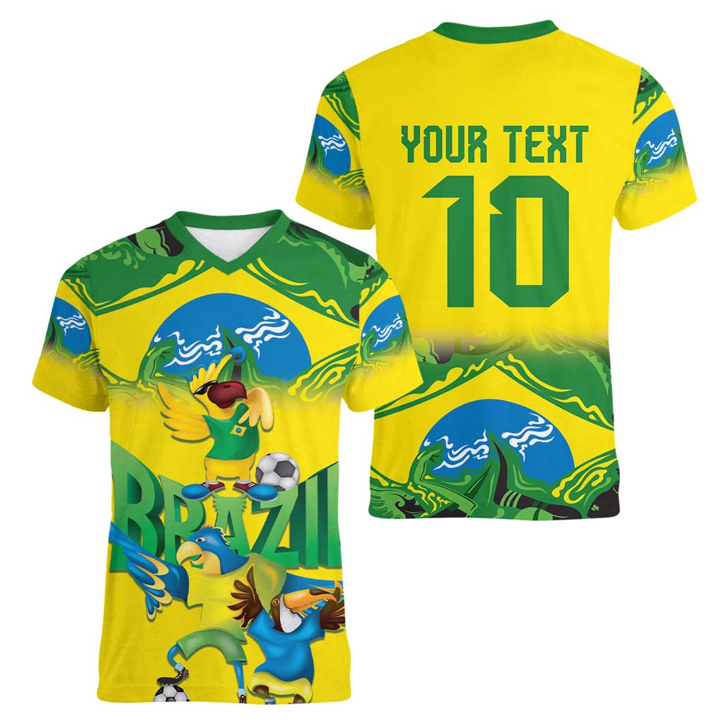 Brazil Football Custom Women V-Neck T-Shirt Brasil Birds Mascot Bora Brasil!