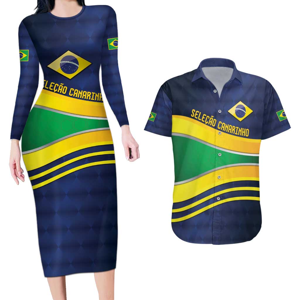 Brazil Football Custom Couples Matching Long Sleeve Bodycon Dress and Hawaiian Shirt Selecao Canarinho Flag Motif