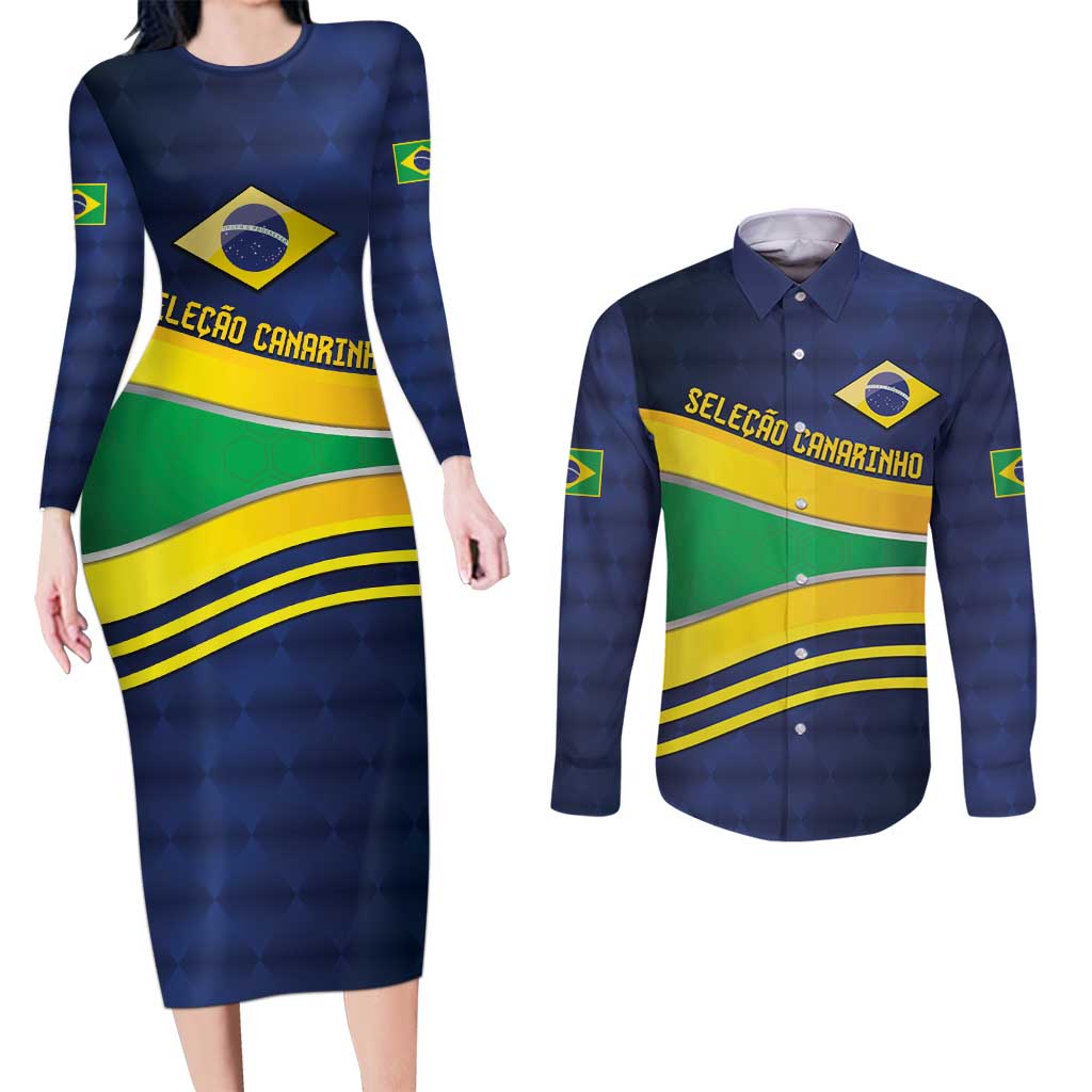 Brazil Football Custom Couples Matching Long Sleeve Bodycon Dress and Long Sleeve Button Shirt Selecao Canarinho Flag Motif