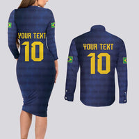 Brazil Football Custom Couples Matching Long Sleeve Bodycon Dress and Long Sleeve Button Shirt Selecao Canarinho Flag Motif