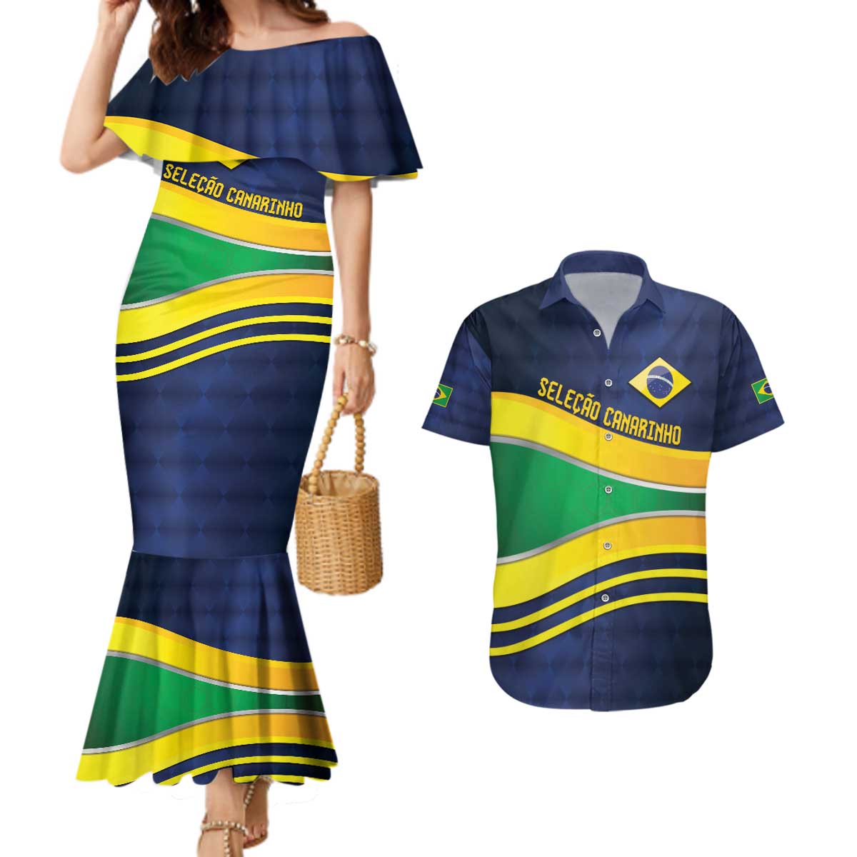 Brazil Football Custom Couples Matching Mermaid Dress and Hawaiian Shirt Selecao Canarinho Flag Motif