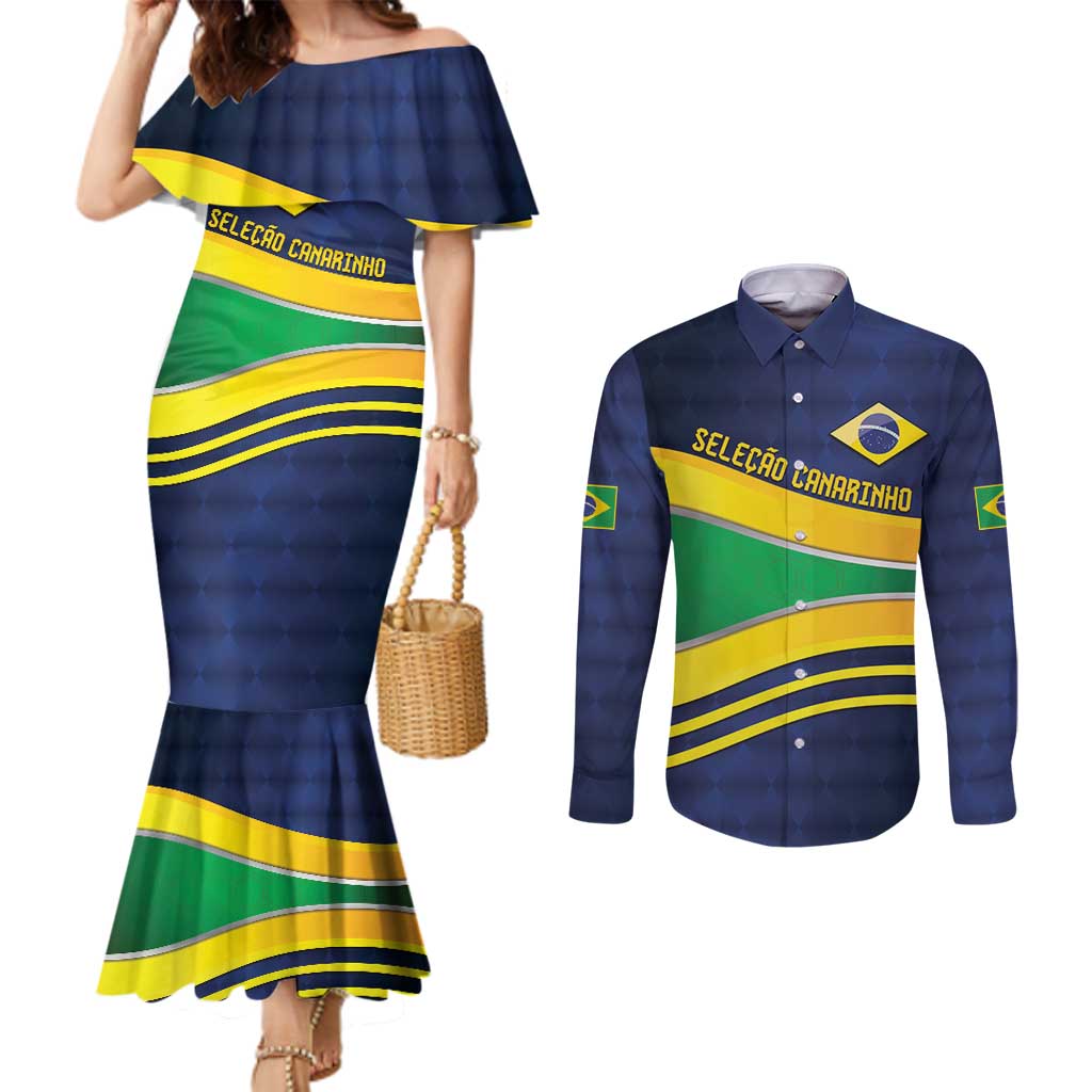 Brazil Football Custom Couples Matching Mermaid Dress and Long Sleeve Button Shirt Selecao Canarinho Flag Motif