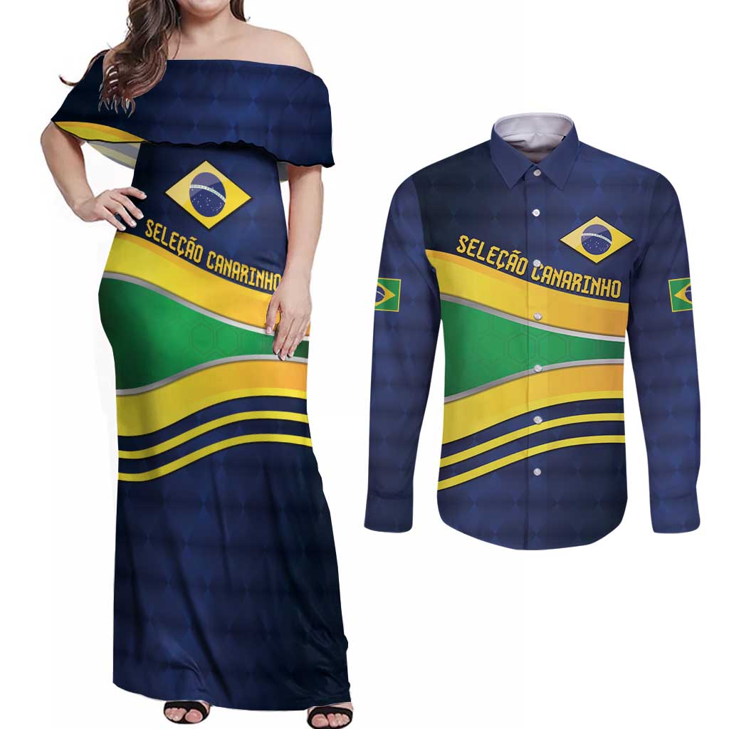 Brazil Football Custom Couples Matching Off Shoulder Maxi Dress and Long Sleeve Button Shirt Selecao Canarinho Flag Motif