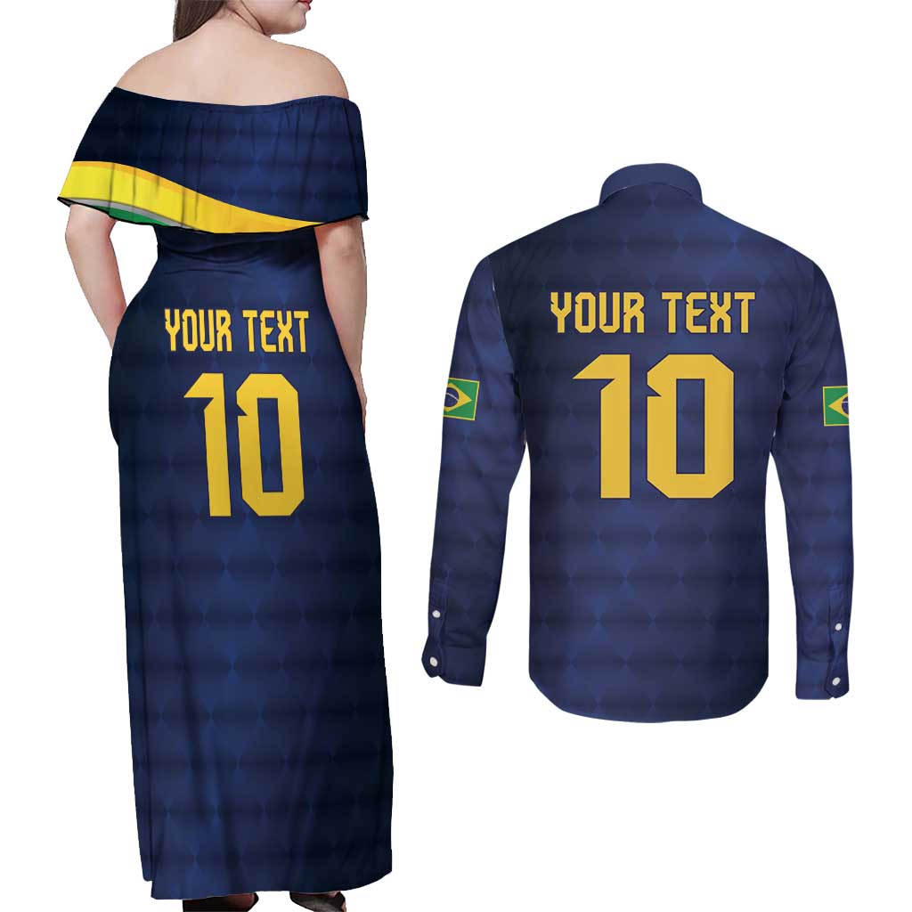Brazil Football Custom Couples Matching Off Shoulder Maxi Dress and Long Sleeve Button Shirt Selecao Canarinho Flag Motif