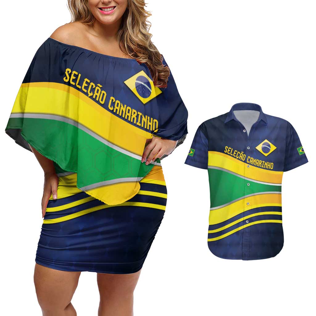 Brazil Football Custom Couples Matching Off Shoulder Short Dress and Hawaiian Shirt Selecao Canarinho Flag Motif