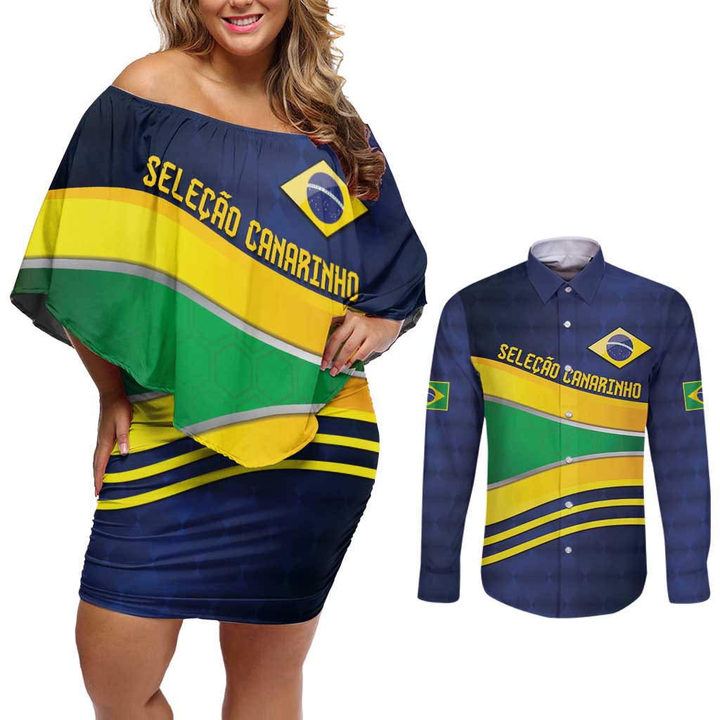 Brazil Football Custom Couples Matching Off Shoulder Short Dress and Long Sleeve Button Shirt Selecao Canarinho Flag Motif