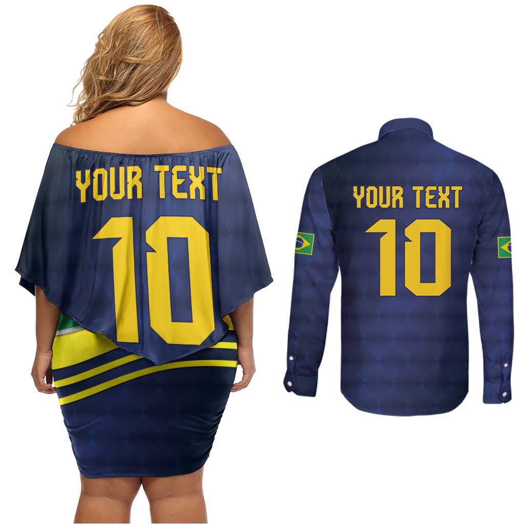 Brazil Football Custom Couples Matching Off Shoulder Short Dress and Long Sleeve Button Shirt Selecao Canarinho Flag Motif