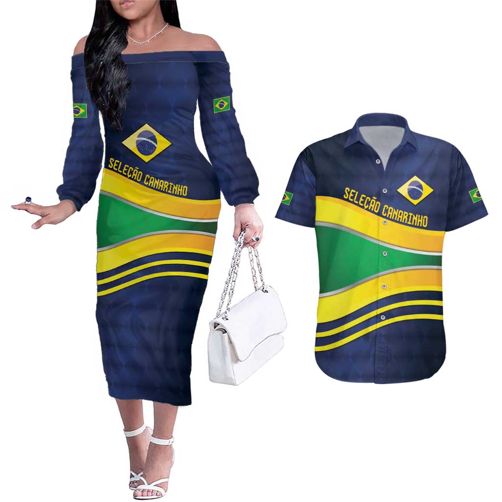 Brazil Football Custom Couples Matching Off The Shoulder Long Sleeve Dress and Hawaiian Shirt Selecao Canarinho Flag Motif