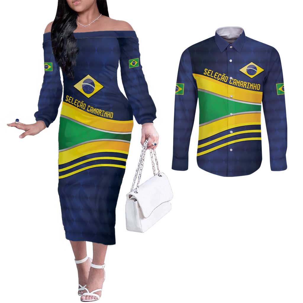 Brazil Football Custom Couples Matching Off The Shoulder Long Sleeve Dress and Long Sleeve Button Shirt Selecao Canarinho Flag Motif