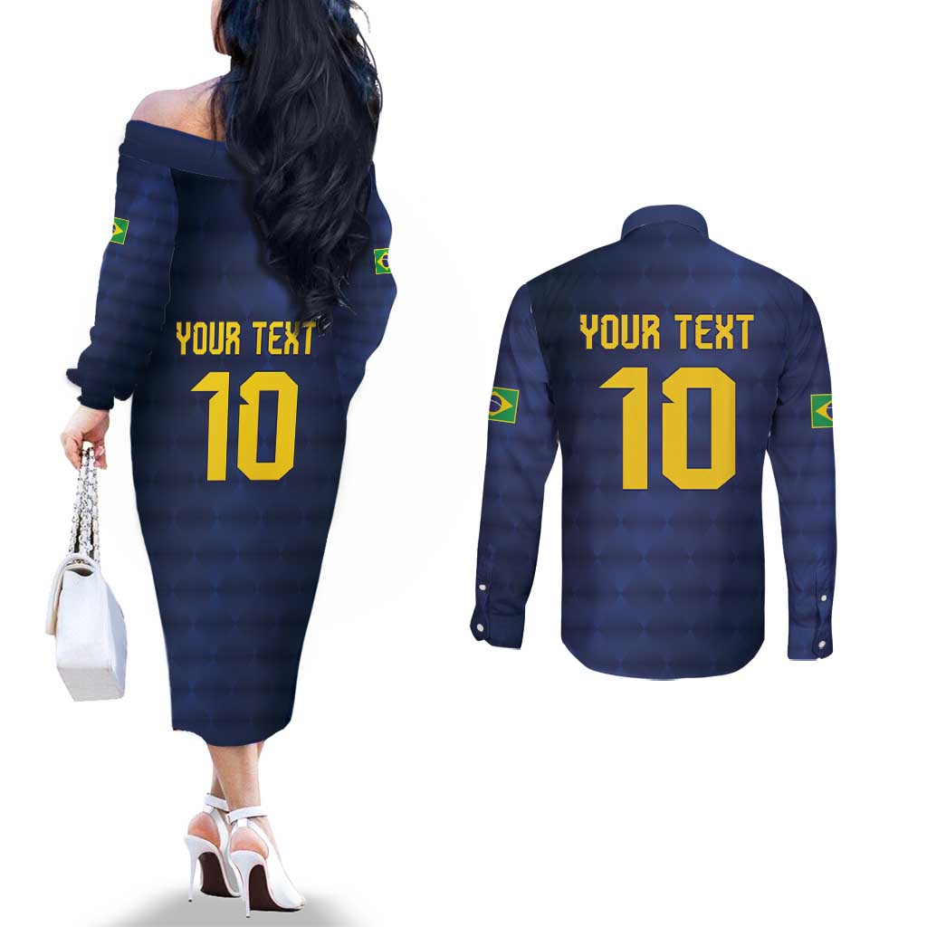 Brazil Football Custom Couples Matching Off The Shoulder Long Sleeve Dress and Long Sleeve Button Shirt Selecao Canarinho Flag Motif