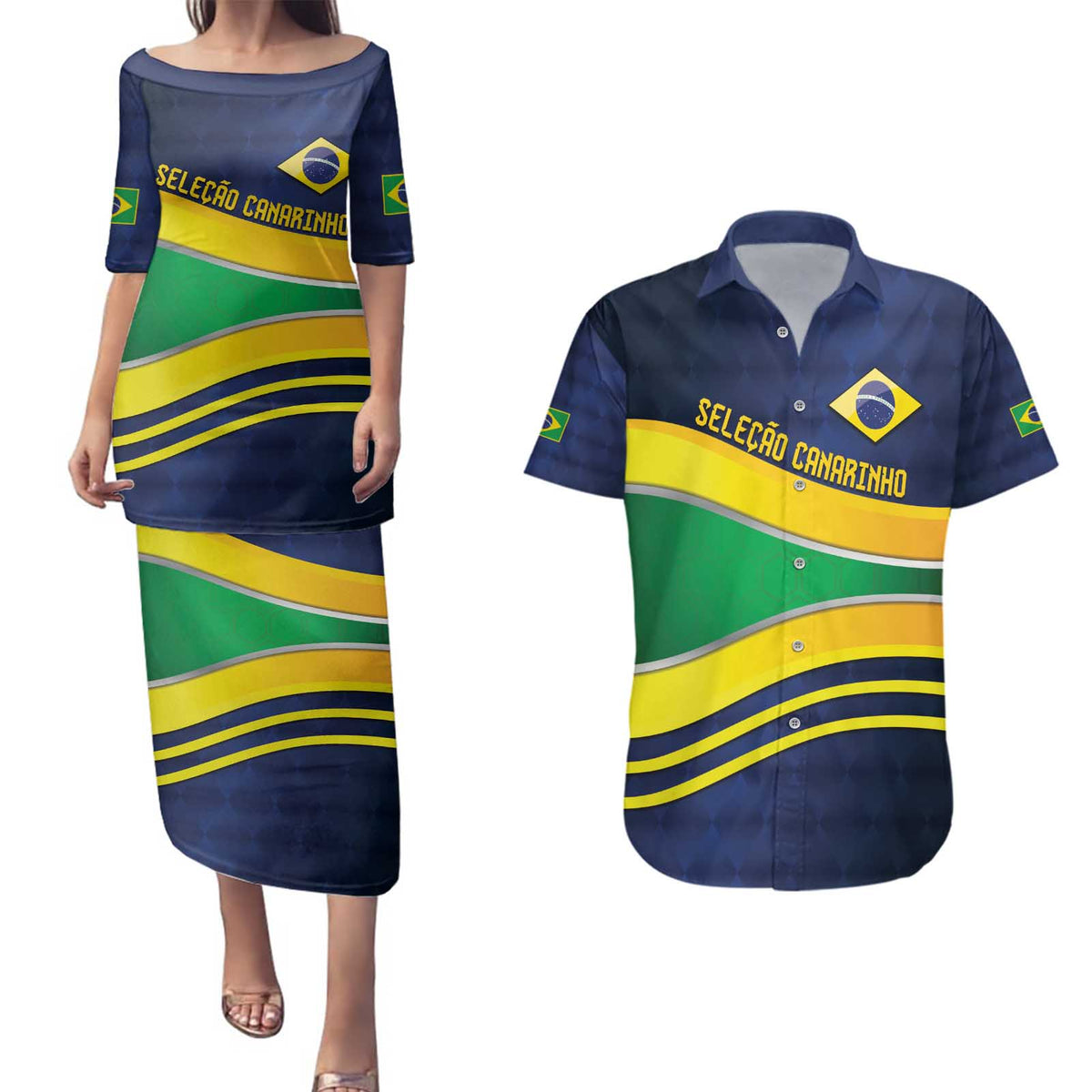 Brazil Football Custom Couples Matching Puletasi and Hawaiian Shirt Selecao Canarinho Flag Motif