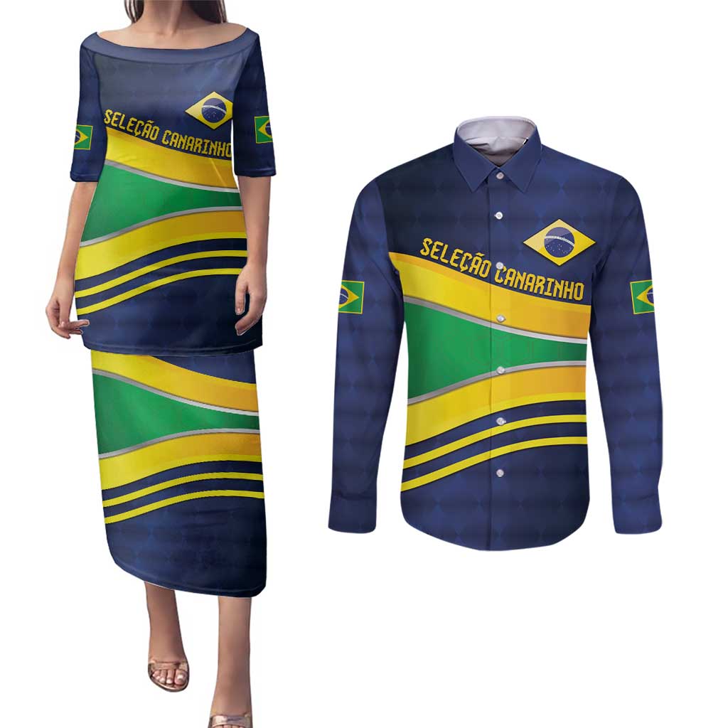 Brazil Football Custom Couples Matching Puletasi and Long Sleeve Button Shirt Selecao Canarinho Flag Motif
