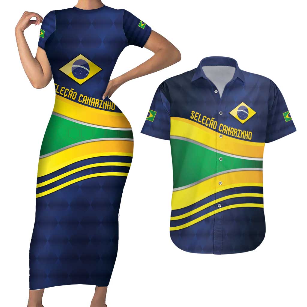 Brazil Football Custom Couples Matching Short Sleeve Bodycon Dress and Hawaiian Shirt Selecao Canarinho Flag Motif