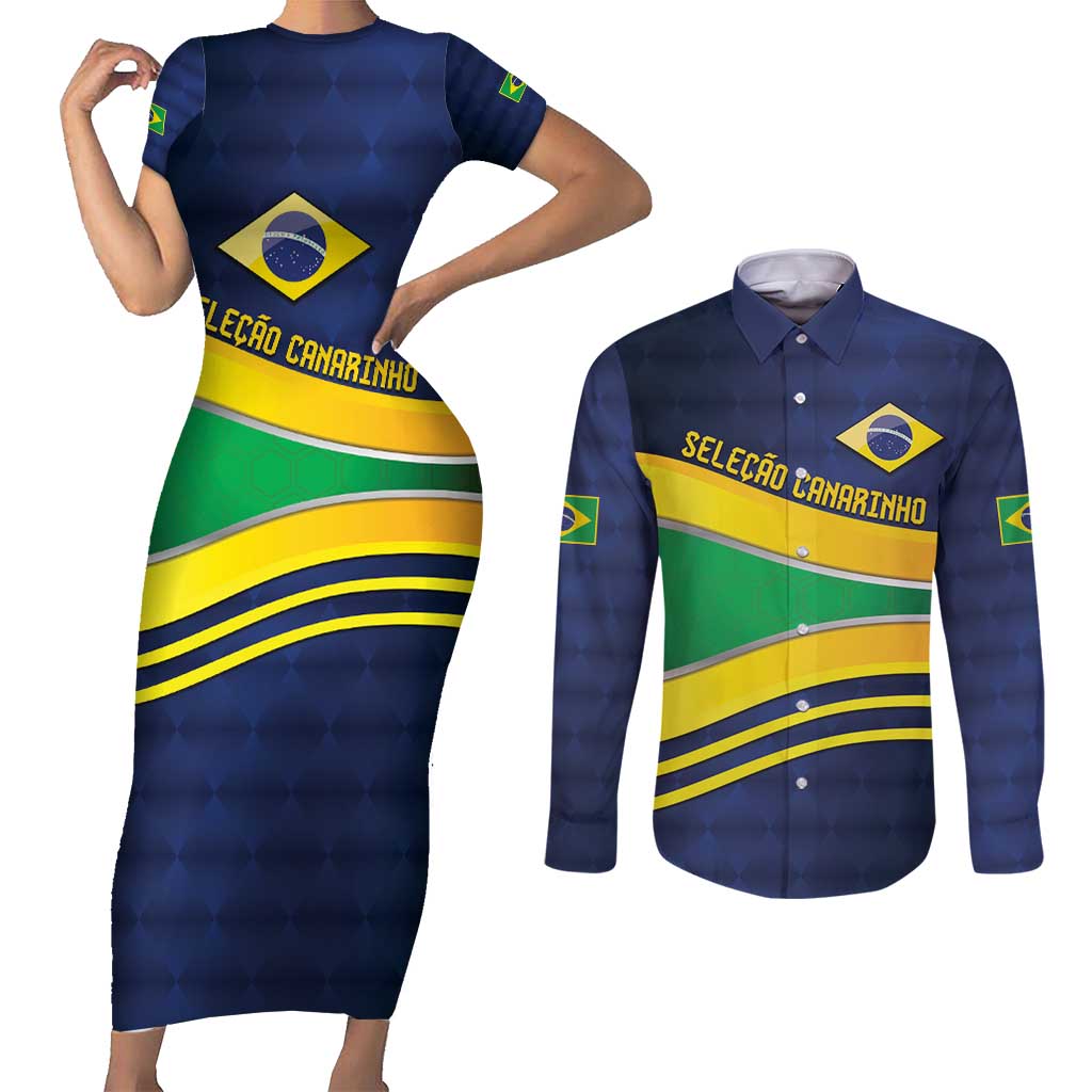 Brazil Football Custom Couples Matching Short Sleeve Bodycon Dress and Long Sleeve Button Shirt Selecao Canarinho Flag Motif