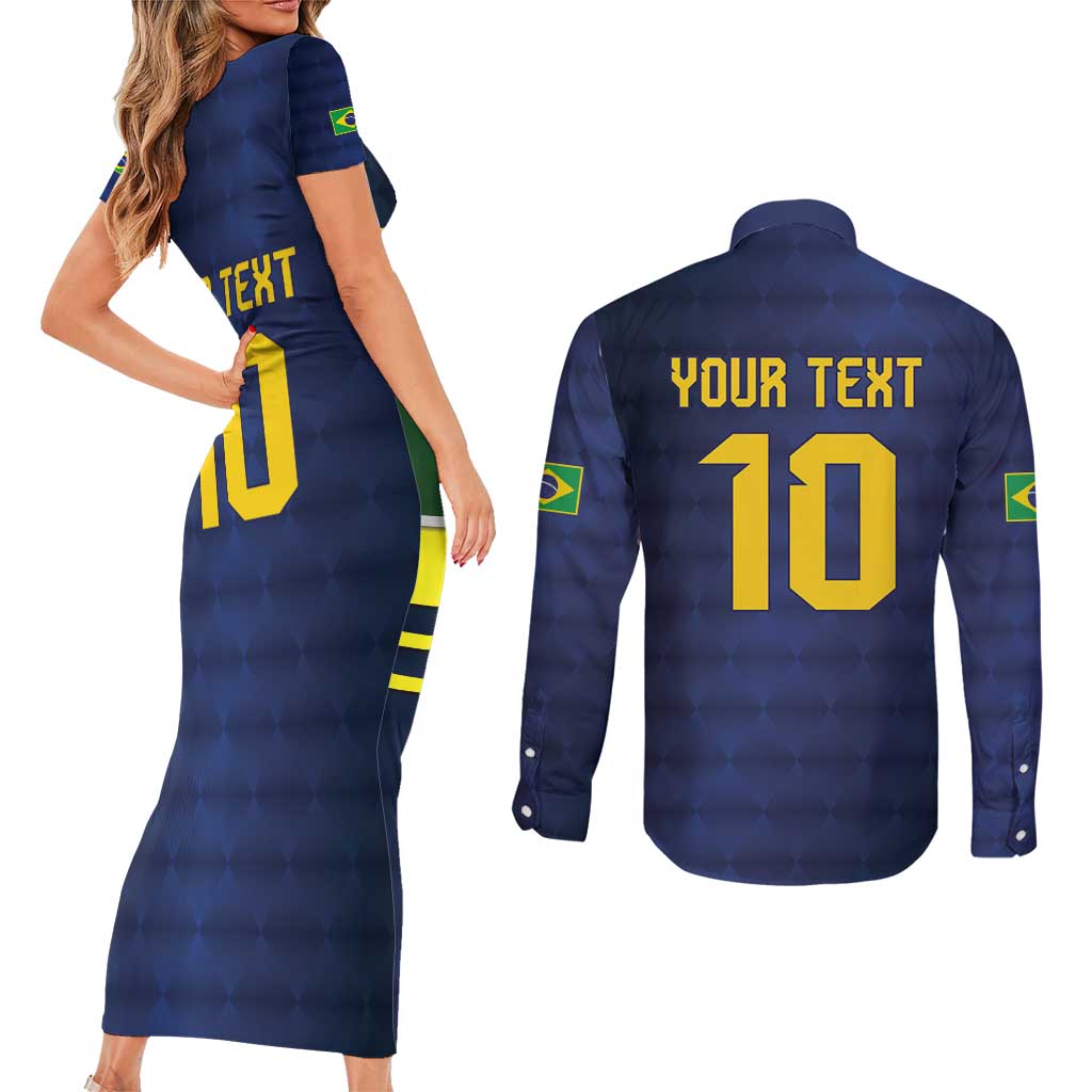 Brazil Football Custom Couples Matching Short Sleeve Bodycon Dress and Long Sleeve Button Shirt Selecao Canarinho Flag Motif
