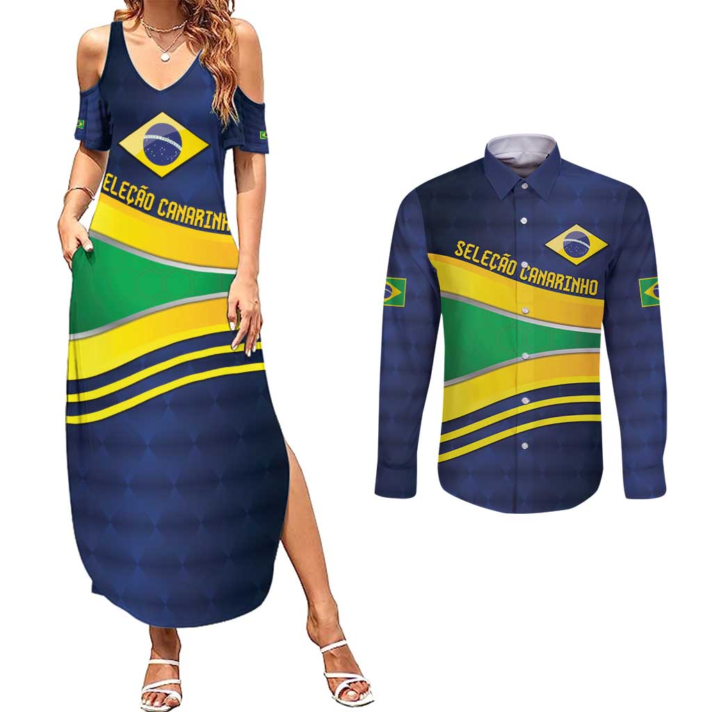 Brazil Football Custom Couples Matching Summer Maxi Dress and Long Sleeve Button Shirt Selecao Canarinho Flag Motif
