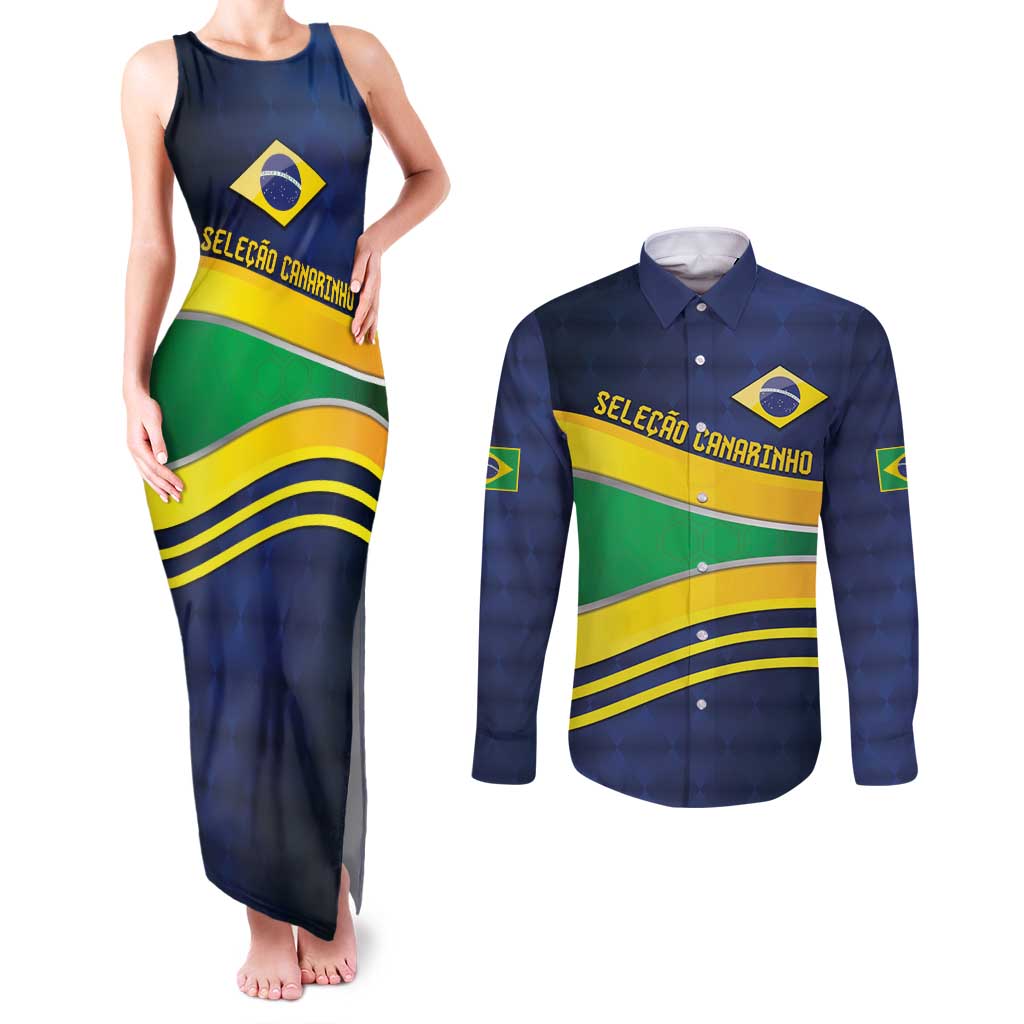 Brazil Football Custom Couples Matching Tank Maxi Dress and Long Sleeve Button Shirt Selecao Canarinho Flag Motif