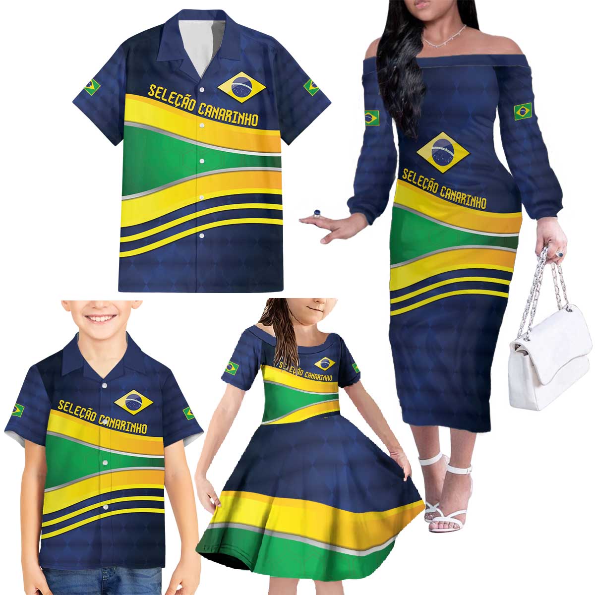 Brazil Football Custom Family Matching Off The Shoulder Long Sleeve Dress and Hawaiian Shirt Selecao Canarinho Flag Motif