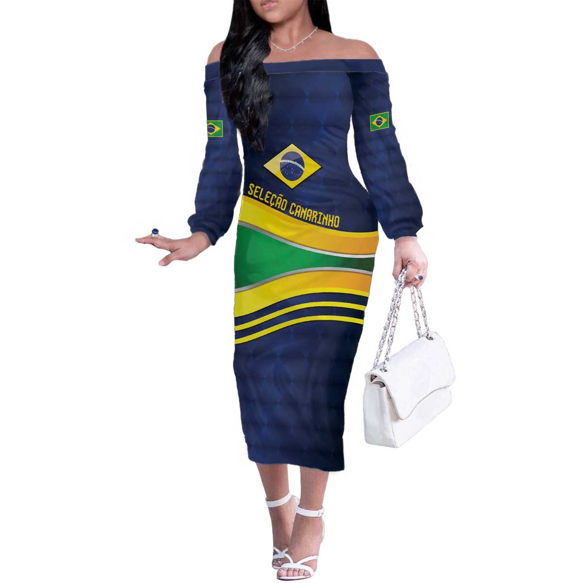 Brazil Football Custom Family Matching Off The Shoulder Long Sleeve Dress and Hawaiian Shirt Selecao Canarinho Flag Motif