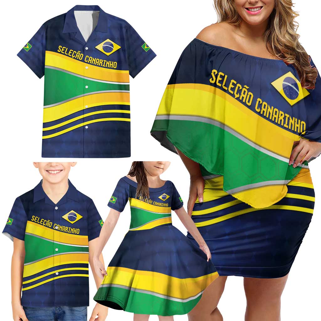 Brazil Football Custom Family Matching Off Shoulder Short Dress and Hawaiian Shirt Selecao Canarinho Flag Motif