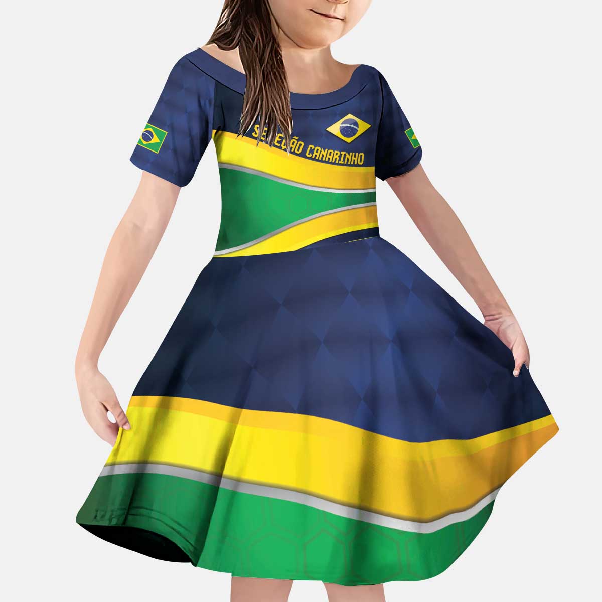 Brazil Football Custom Kid Short Sleeve Dress Selecao Canarinho Flag Motif