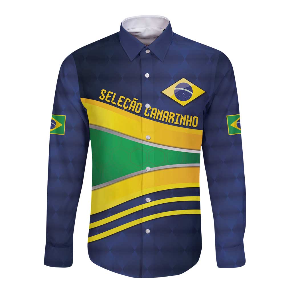 Brazil Football Custom Long Sleeve Button Shirt Selecao Canarinho Flag Motif