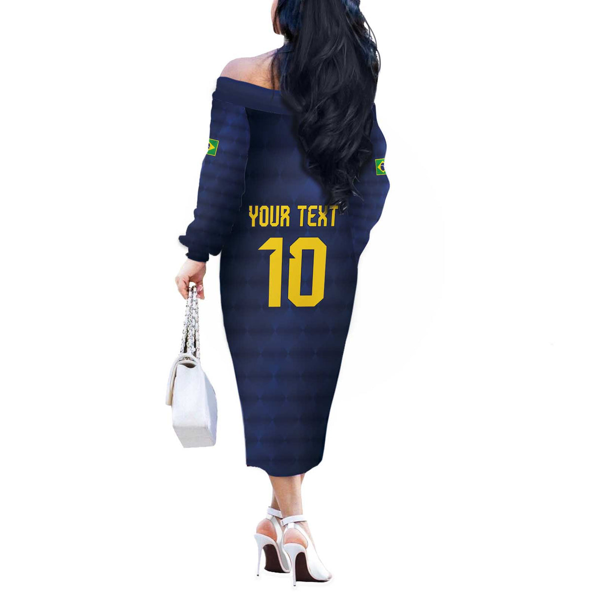 Brazil Football Custom Off The Shoulder Long Sleeve Dress Selecao Canarinho Flag Motif