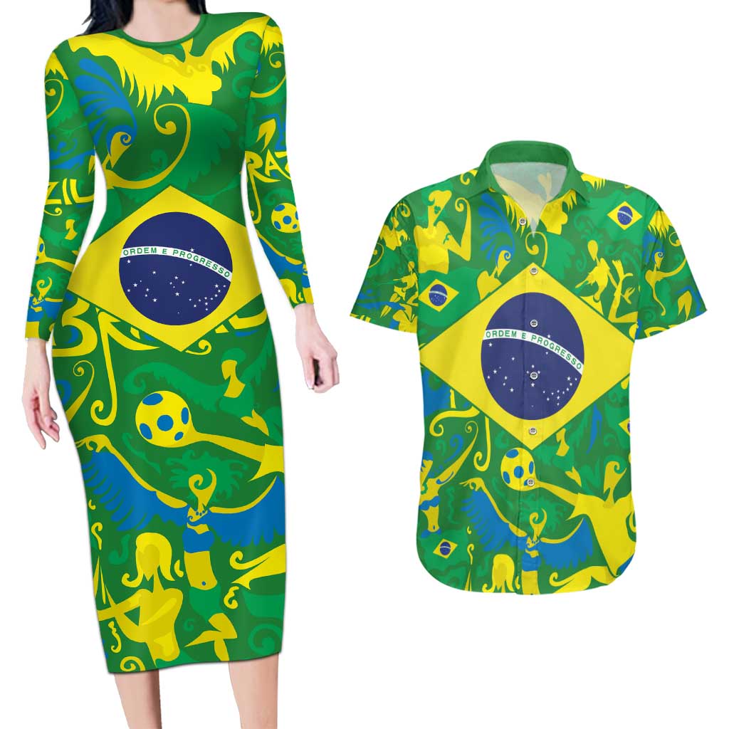 Brazil Ordem e Progresso Couples Matching Long Sleeve Bodycon Dress and Hawaiian Shirt Native Brasil Mixed Together