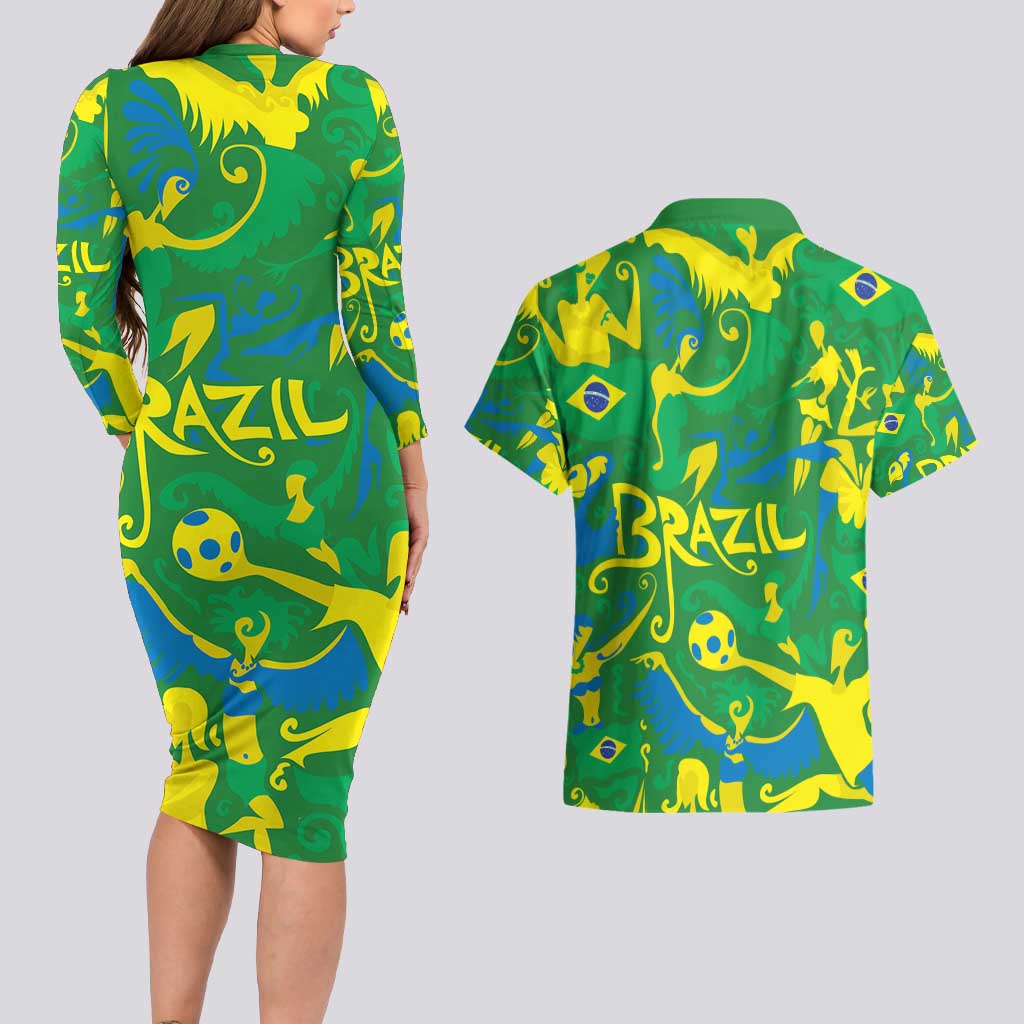 Brazil Ordem e Progresso Couples Matching Long Sleeve Bodycon Dress and Hawaiian Shirt Native Brasil Mixed Together