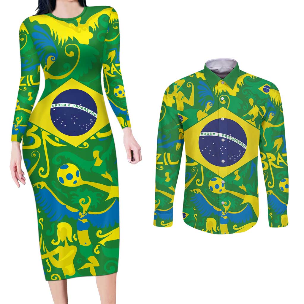 Brazil Ordem e Progresso Couples Matching Long Sleeve Bodycon Dress and Long Sleeve Button Shirt Native Brasil Mixed Together