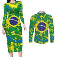 Brazil Ordem e Progresso Couples Matching Long Sleeve Bodycon Dress and Long Sleeve Button Shirt Native Brasil Mixed Together
