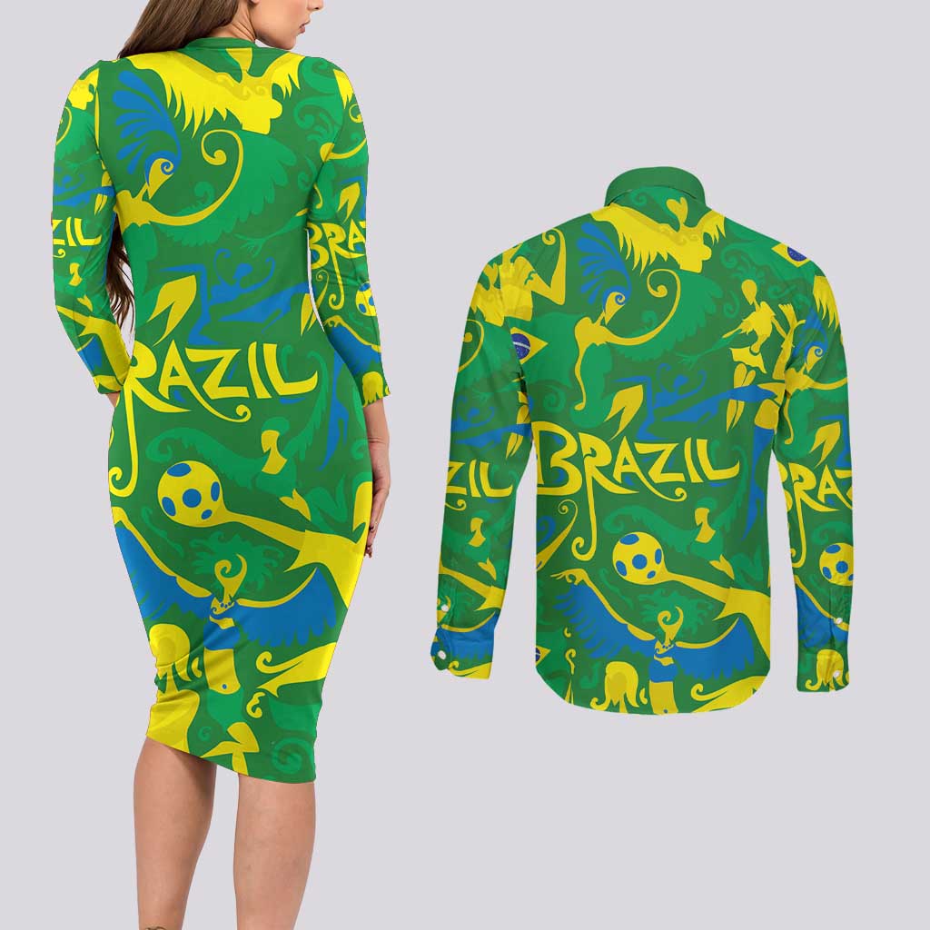 Brazil Ordem e Progresso Couples Matching Long Sleeve Bodycon Dress and Long Sleeve Button Shirt Native Brasil Mixed Together