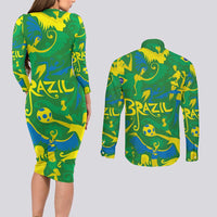 Brazil Ordem e Progresso Couples Matching Long Sleeve Bodycon Dress and Long Sleeve Button Shirt Native Brasil Mixed Together
