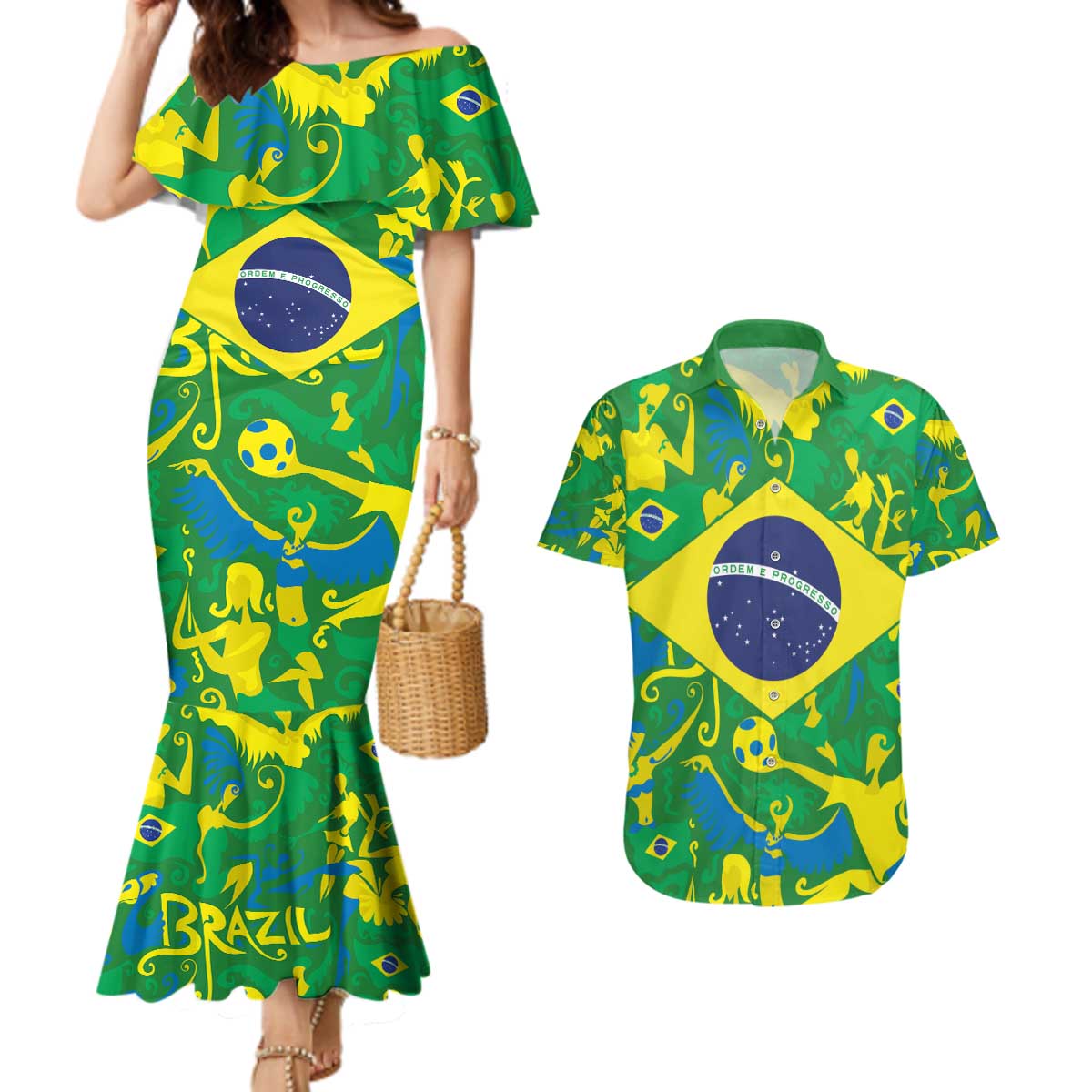 Brazil Ordem e Progresso Couples Matching Mermaid Dress and Hawaiian Shirt Native Brasil Mixed Together