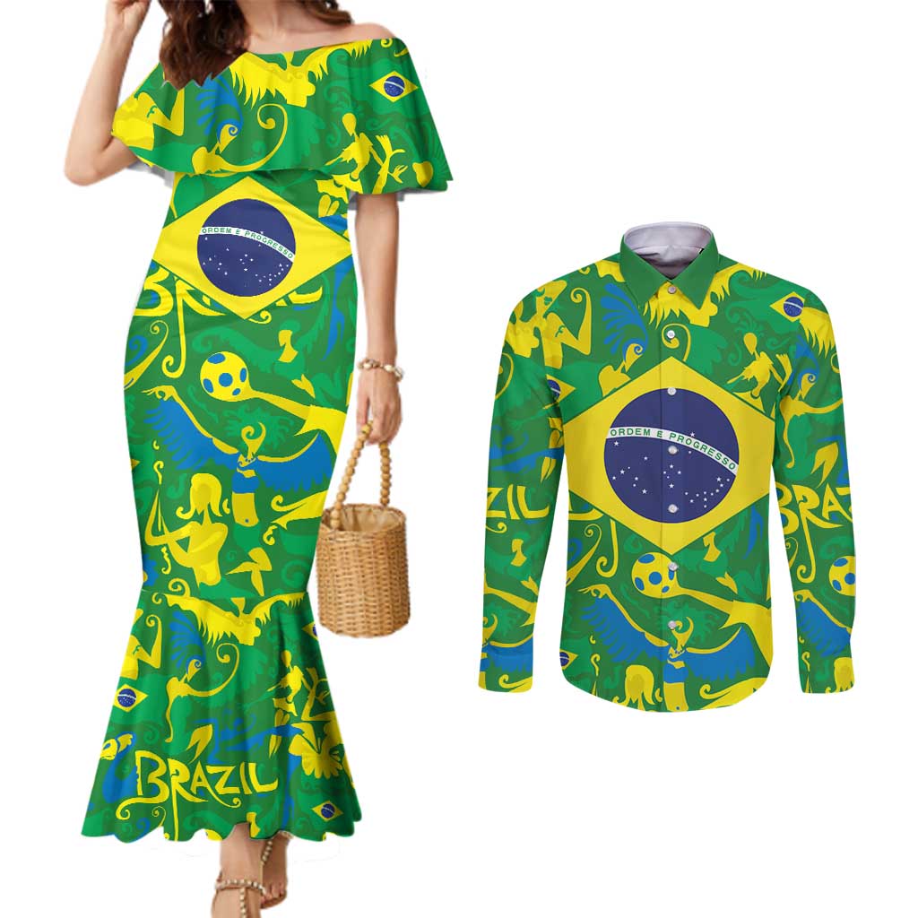 Brazil Ordem e Progresso Couples Matching Mermaid Dress and Long Sleeve Button Shirt Native Brasil Mixed Together
