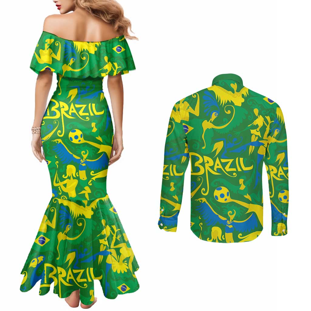 Brazil Ordem e Progresso Couples Matching Mermaid Dress and Long Sleeve Button Shirt Native Brasil Mixed Together