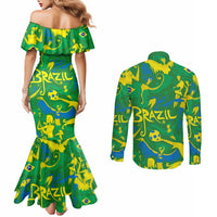 Brazil Ordem e Progresso Couples Matching Mermaid Dress and Long Sleeve Button Shirt Native Brasil Mixed Together