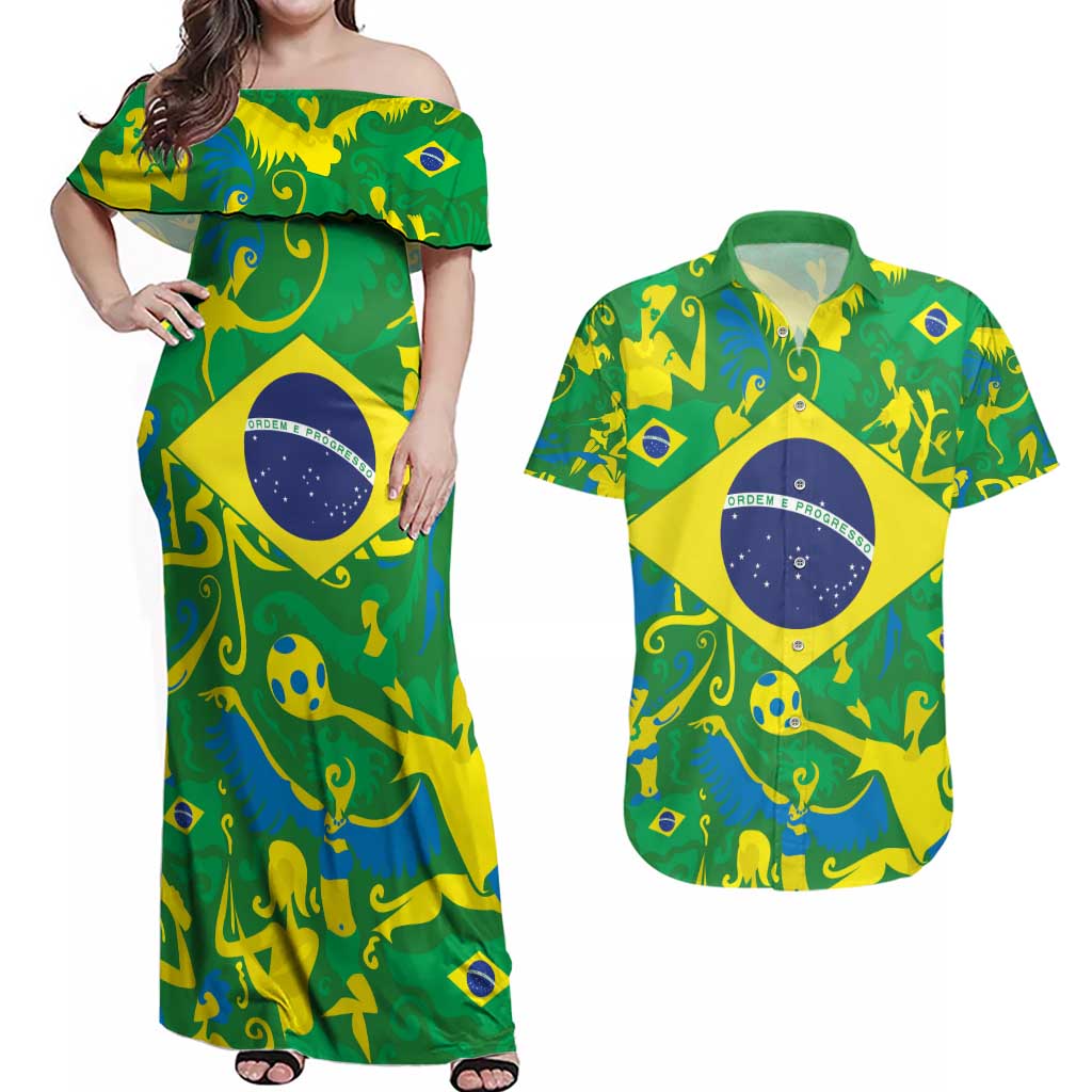 Brazil Ordem e Progresso Couples Matching Off Shoulder Maxi Dress and Hawaiian Shirt Native Brasil Mixed Together
