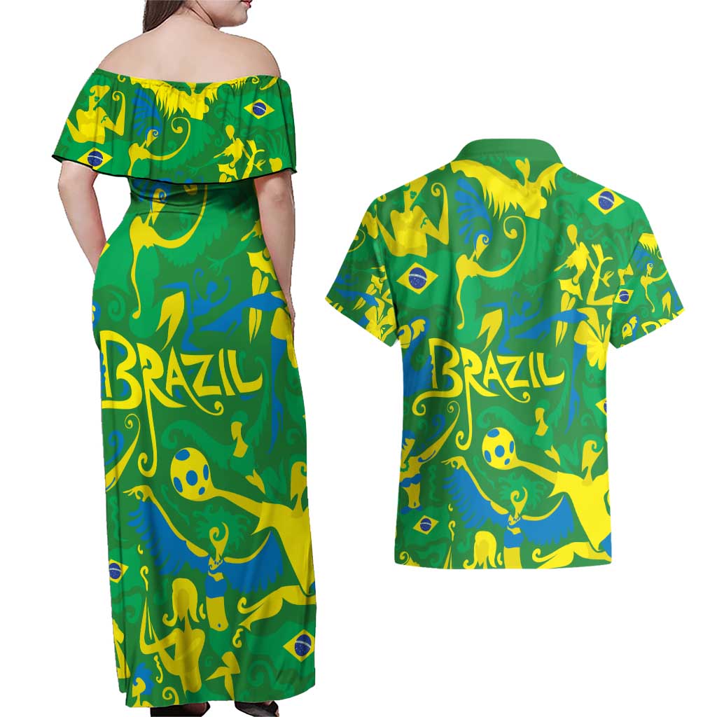 Brazil Ordem e Progresso Couples Matching Off Shoulder Maxi Dress and Hawaiian Shirt Native Brasil Mixed Together