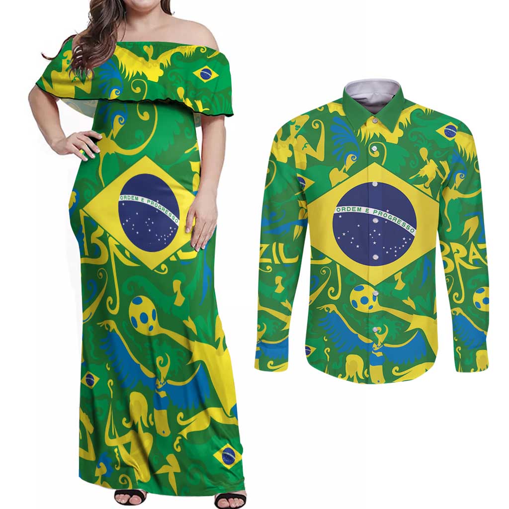 Brazil Ordem e Progresso Couples Matching Off Shoulder Maxi Dress and Long Sleeve Button Shirt Native Brasil Mixed Together